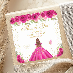 Hete Roze Bloemen Bruin Haar Prinses Sweet Sixteen Vierkante Sticker