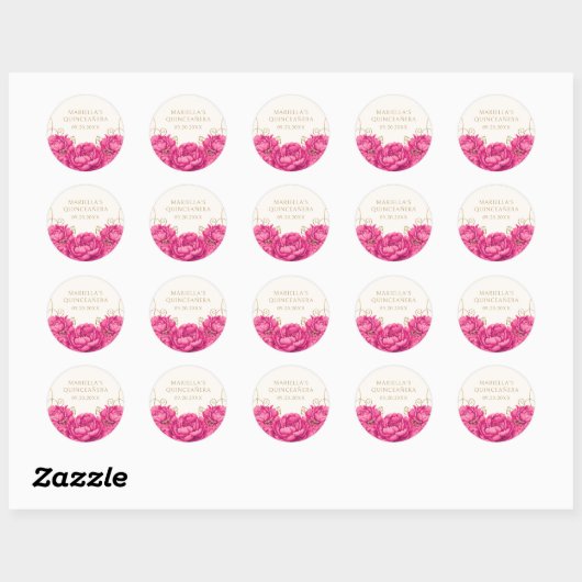 Hete Roze Bloemen Elegante Quinceanera Ronde Sticker (Vel)