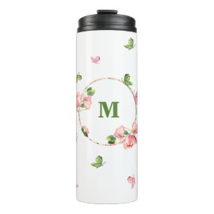 hete roze bloemen groen blad vlinders thermosbeker