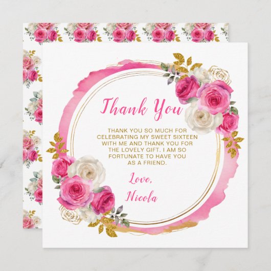 Hete roze en gouden elegante bloemen Sweet Sixteen Bedankkaart (Voorkant / Achterkant)