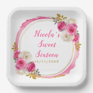 Hete roze en gouden elegante bloemen Sweet Sixteen Papieren Bordje