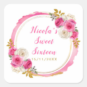 Hete roze en gouden elegante bloemen Sweet Sixteen Vierkante Sticker