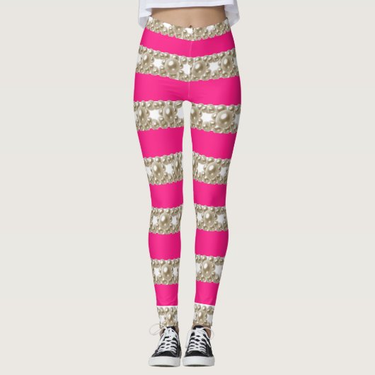 hete roze en witte strepen met stijlvolle parels leggings (Voorkant)
