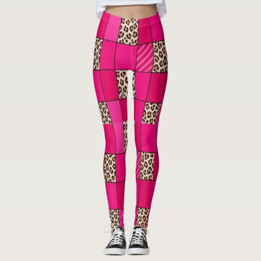 Hete Roze Luipaardprint Patchwork Leggings (Voorkant)