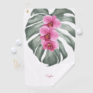 Hete roze orchideeën tropische flora met Jouw naam Golfhanddoek