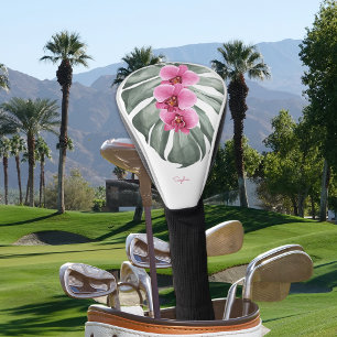 Hete roze orchideeën tropische flora met Jouw naam Golfheadcover