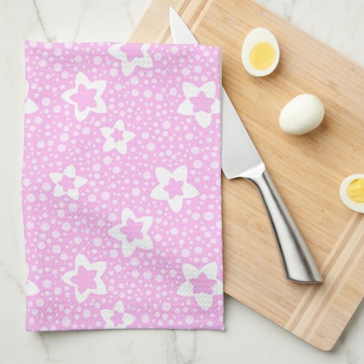 Hete roze retro polka stippen met bloemmotief theedoek (Quarter Fold)