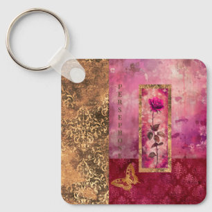 Hete roze roos grunge stijl bloemen sleutelhanger