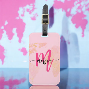 Hete Roze Wereld Reiziger Kaart Monogram Naam Bagagelabel