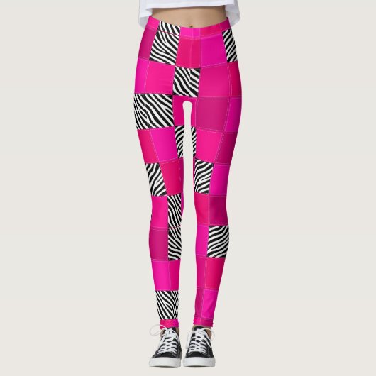 Hete Roze Zebraprint Patchwork Leggings (Voorkant)