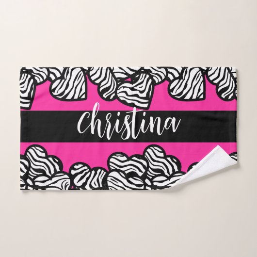 Hete roze zwart-witte zebra patroon hartnaam handdoek (Handdoek)