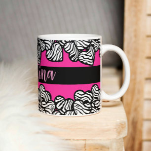 Hete roze zwart-witte zebra patroon hartnaam koffiemok