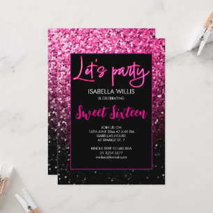 Hete roze zwarte sprankelingen Sweet 16 neon laat Kaart