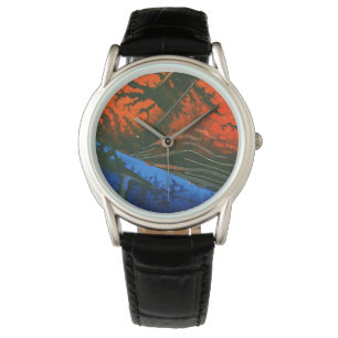 Hete steenkool, vulkaan, lava, blauwe rots op warm horloge