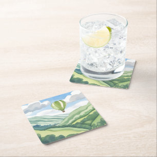 Heteluchtballon   Groene Aquarel Landschap Vierkante Kartonnen Onderzetter