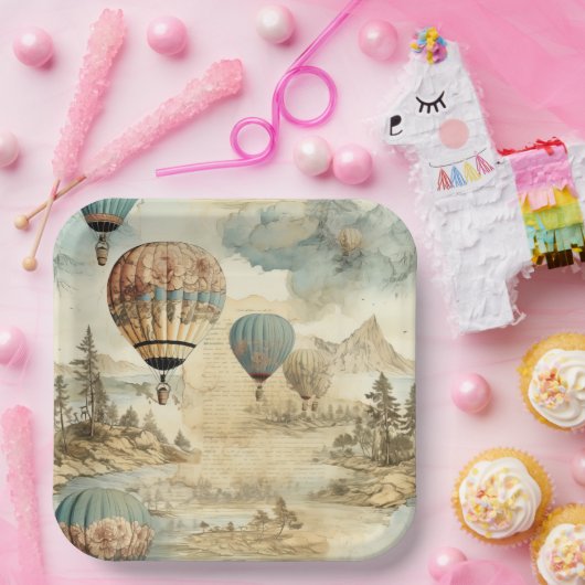  heteluchtballon in een sereen landschap (7) papieren bordje (Feest)