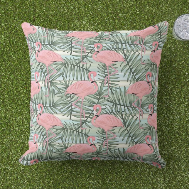 Heuproze flamingoes Cute Palm Leafs Pattern Outdoo Buitenkussen (Gras)