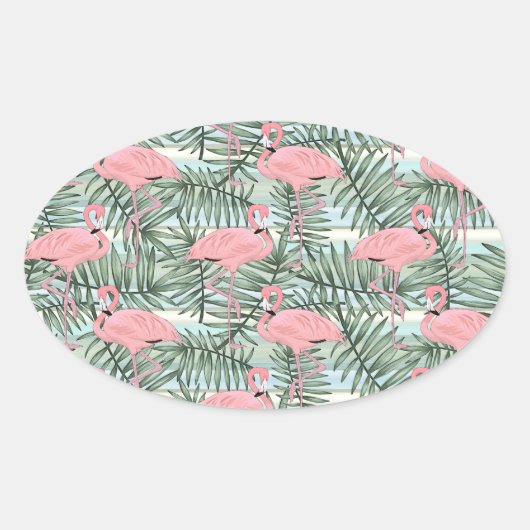 Heuproze flamingoes Cute Palm Leafs Pattern Ovale Sticker (Voorkant)