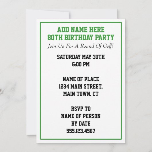 Heure de Par-Tee Golf 80e anniversaire Invitation  (Dos)