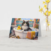 Heure du bain , Carte de vœux pour chat (Fleur jaune)