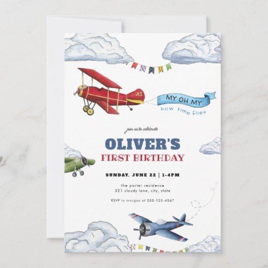 Heure Vol Avion Premier anniversaire Invitation (Devant)