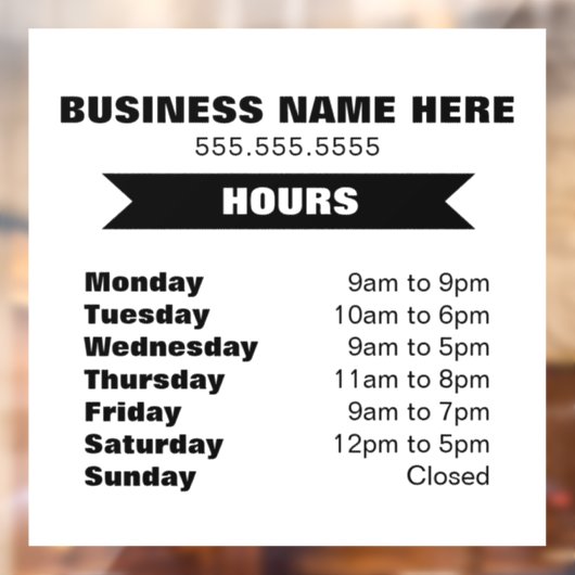 Heures d'ouverture Autocollant pour fenêtre (Feuille 2)