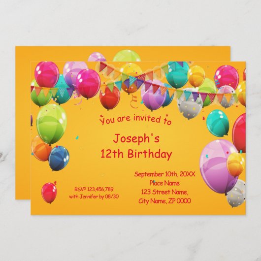 HEUREUX BALLONS D'ANNIVERSAIRE INVITATION (Devant / Derrière)