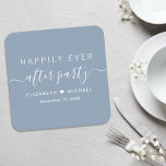 Heureux Jamais après la fête Dusty Mariage bleu<br><div class="desc">Dessous de verre en papier bleu poussiéreux pour votre réception de mariage et d'autres célébrations post-mariage avec "Happily Ever After Party" dans une simple typographie blanche et un script blanc élégant,  vos noms unis par un coeur et votre date de réception.</div>