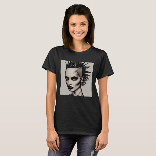 Hevige vrouw in Mohawk en piercings Gothic Punk T-shirt (Voorkant volledig)