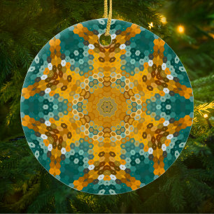 Hex Mandala blauw en geel Keramisch Ornament