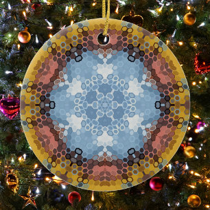 Hex Mandala blauw geel en roze Keramisch Ornament