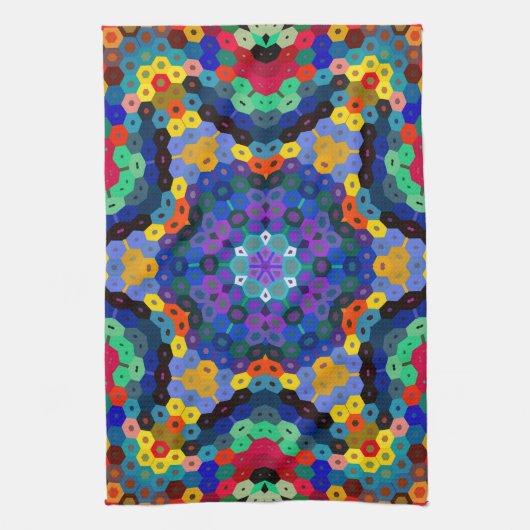 Hex Mandala Blauw Geel Rood en Groen Theedoek (Verticaal)