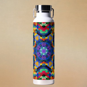 Hex Mandala Blauw Geel Rood en Groen Waterfles