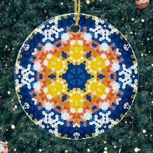 Hex Mandala Blauw Geel Sinaasappel en Groen Keramisch Ornament