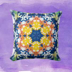 Hex Mandala Blauw Geel Sinaasappel en Groen Kussen