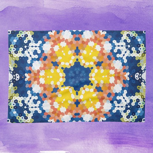 Hex Mandala Blauw Geel Sinaasappel en Groen Theedoek