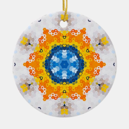 Hex Mandala Blauw Geel Sinaasappel en Wit Keramisch Ornament (Voorkant)