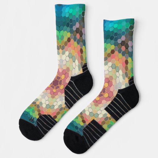 Hex Mandala blauw groen en roze Sokken (Links)