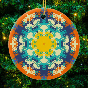Hex Mandala blauw Sinaasappel en geel Keramisch Ornament