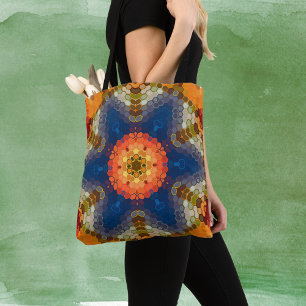 Hex Mandala blauw Sinaasappel en rood Draagtas