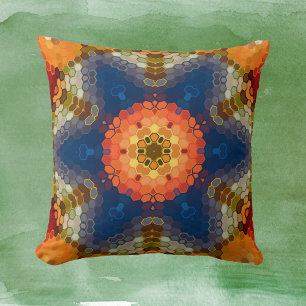 Hex Mandala blauw Sinaasappel en rood Kussen