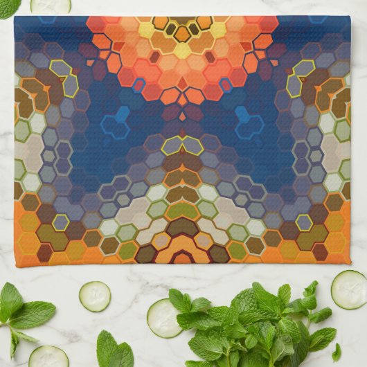 Hex Mandala blauw Sinaasappel en rood Theedoek (Gevouwen)