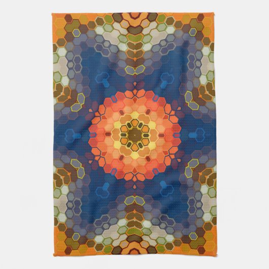 Hex Mandala blauw Sinaasappel en rood Theedoek (Verticaal)