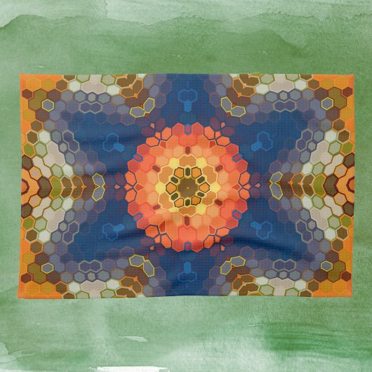 Hex Mandala blauw Sinaasappel en rood Theedoek