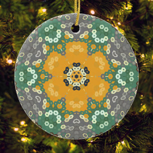 Hex Mandala Geel Blauwgroen en Bruin Keramisch Ornament