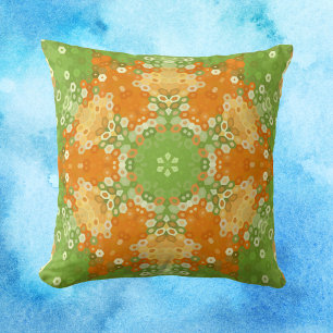 Hex Mandala Groen en Sinaasappel Kussen