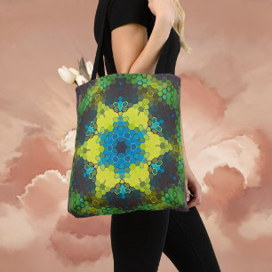 Hex Mandala Groen Geel en Blauw Draagtas