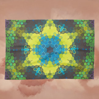 Hex Mandala groen geel en blauw Theedoek