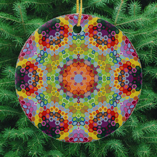 Hex Mandala Groen Roze en Sinaasappel Keramisch Ornament