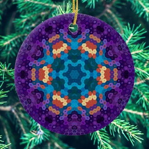 Hex Mandala Paarse blauw en Sinaasappel Keramisch Ornament